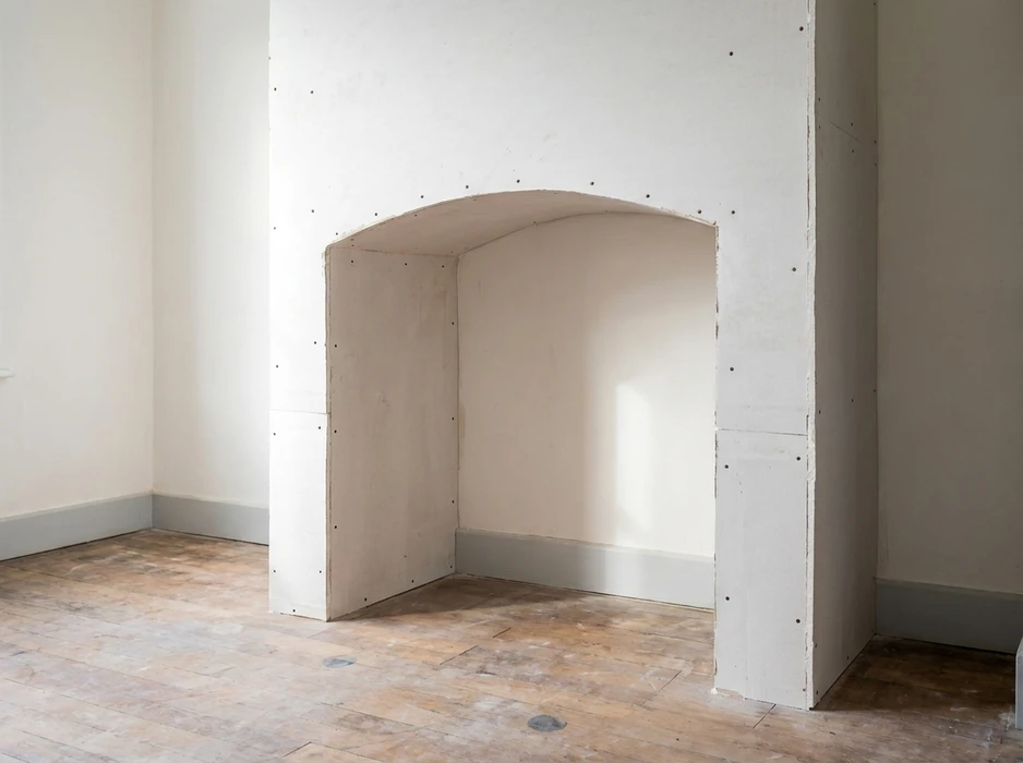 Cheminée encastrée dans un mur, niche arquée en plaque de plâtre (BA13) vissée sur ossature métallique, arche cintrée, joints non lissés, vis apparentes