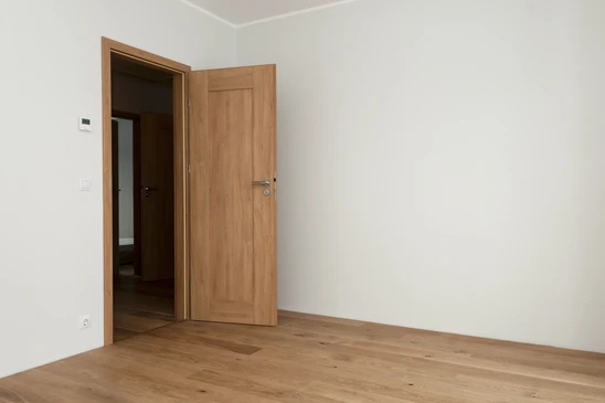 Int&eacute;rieur moderne avec porte en bois naturel ouverte donnant sur un couloir sombre