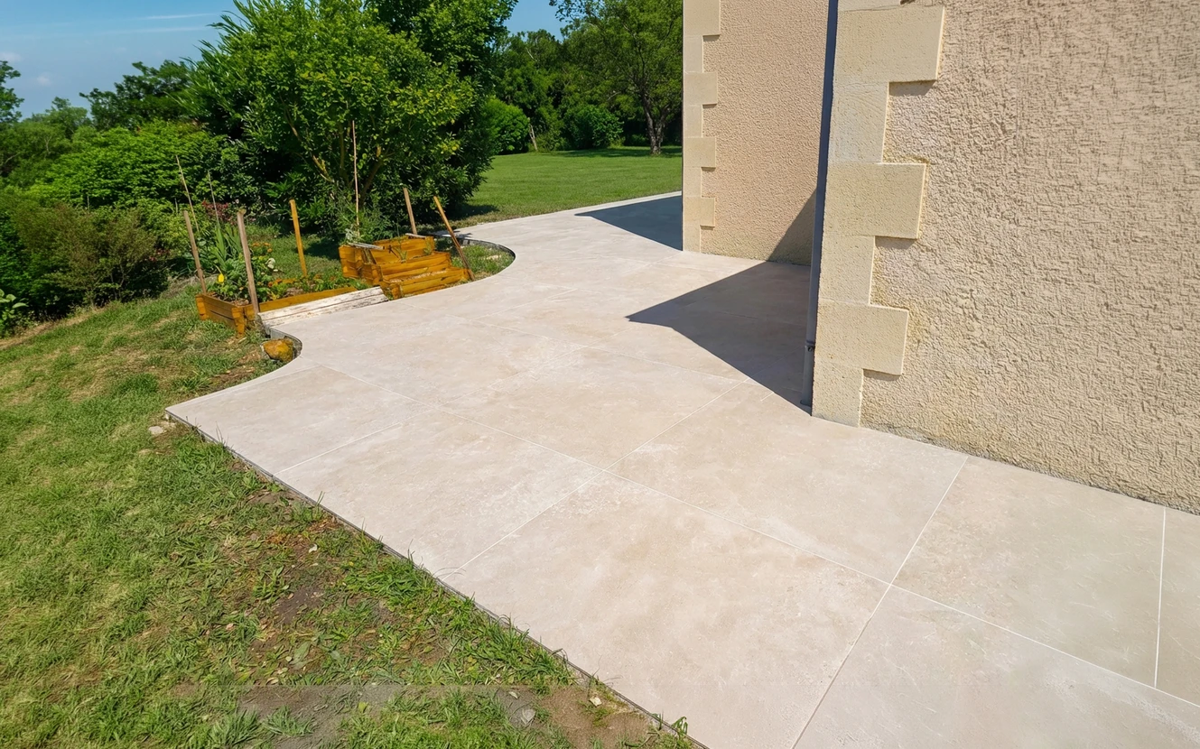 Terrasse ext&eacute;rieure en carrelage gr&egrave;s c&eacute;rame grand format beige/cr&egrave;me, pose en opus r&eacute;gulier avec joints fins